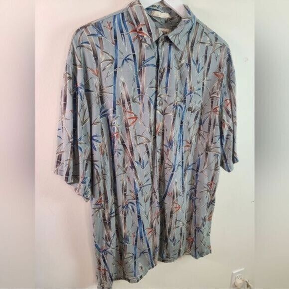 EUC - Campia Moda Men’s Hawaiian Tropical Reed Blue Gray Button Shirt - Size L - Picture 1 of 8